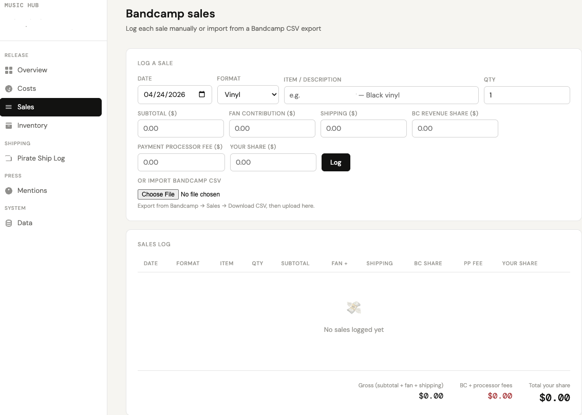 Bandcamp sales entry screen