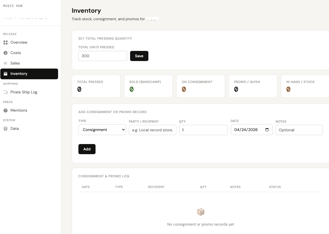 Inventory tracking screen