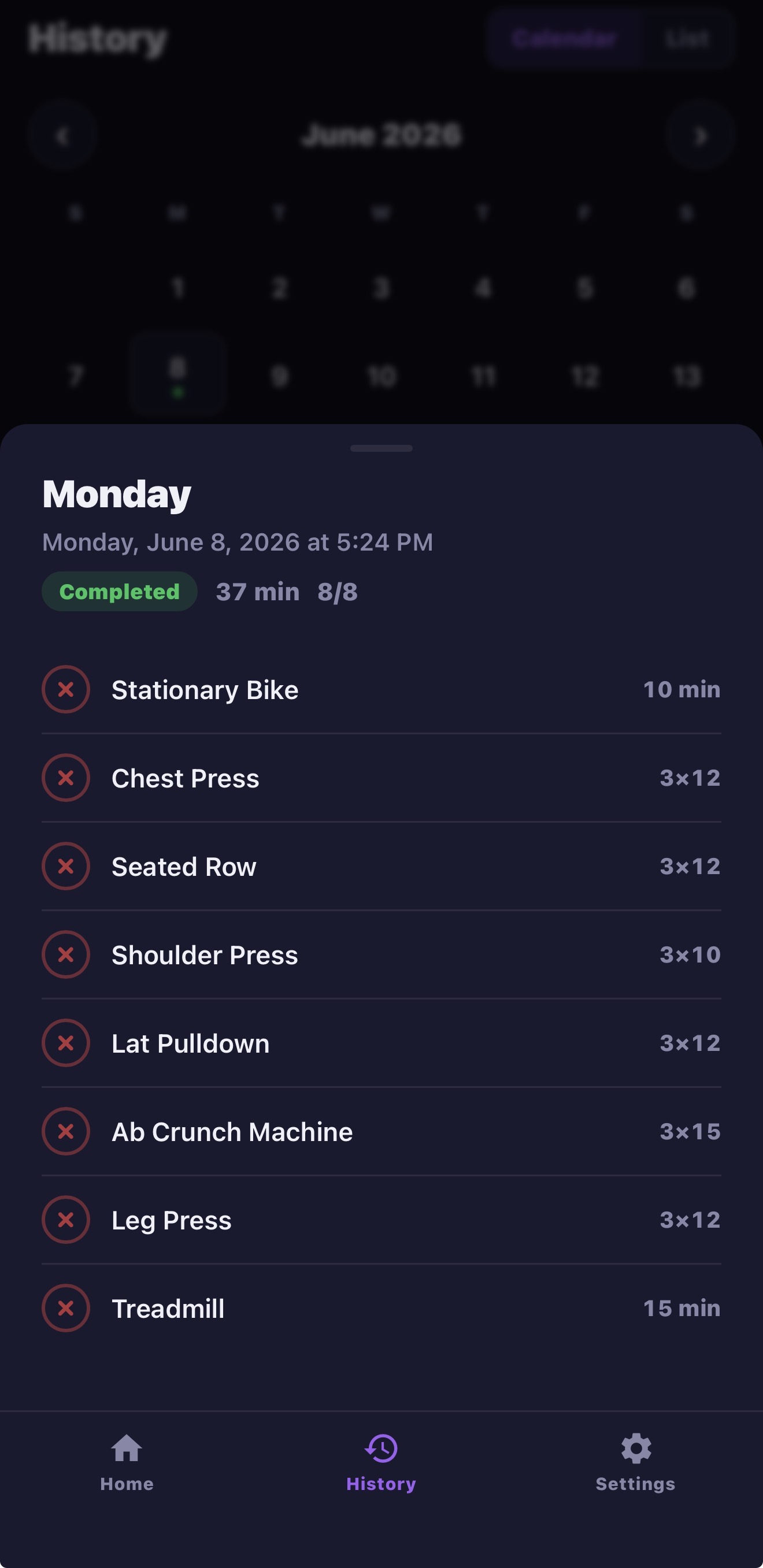 Workout history calendar