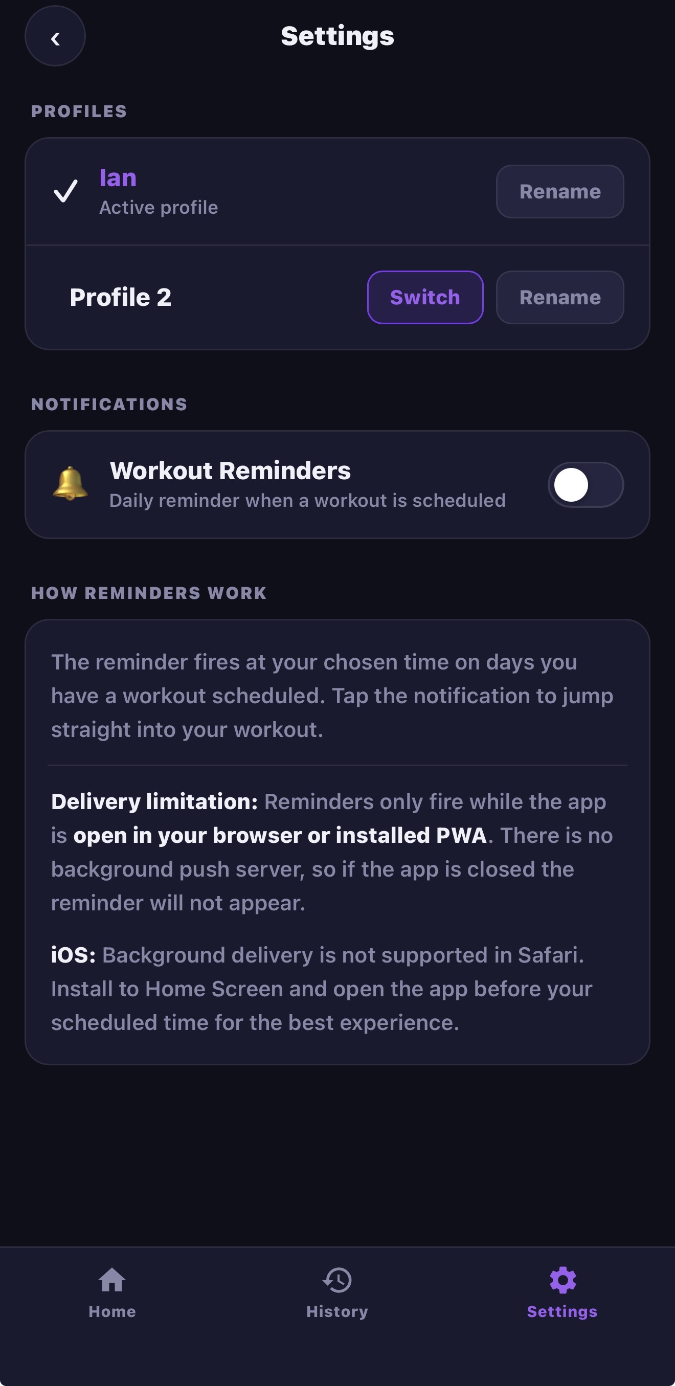 Settings and profiles screen